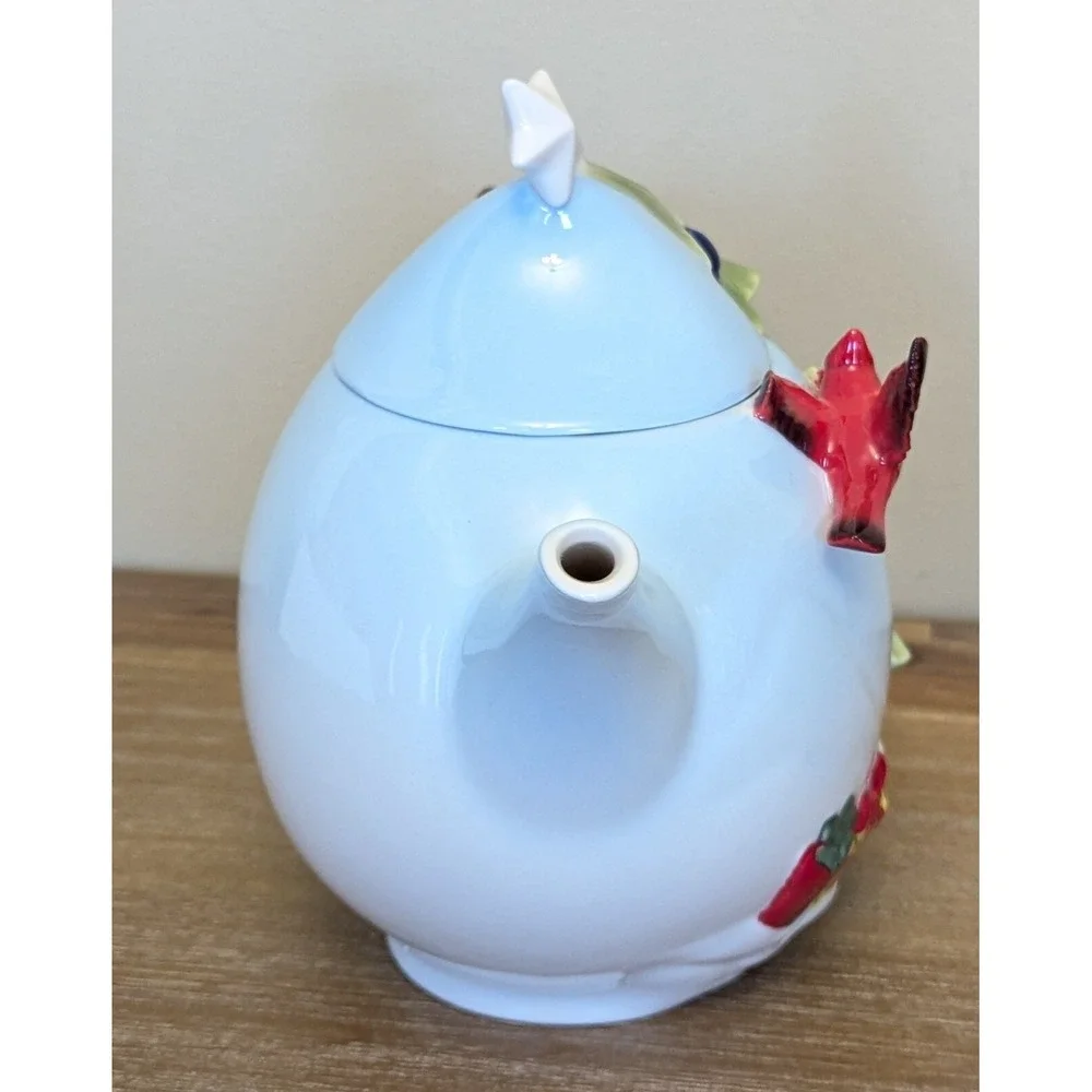 Pier 1 Imports Christmas Tree Teapot Porcelain Cardinal Hand Painted w/Box